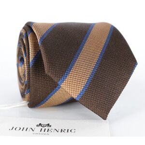 JOHN HENRIC Sweden 100% Silk Necktie Brown Tan Blue Stripes Made in ITALY NWT